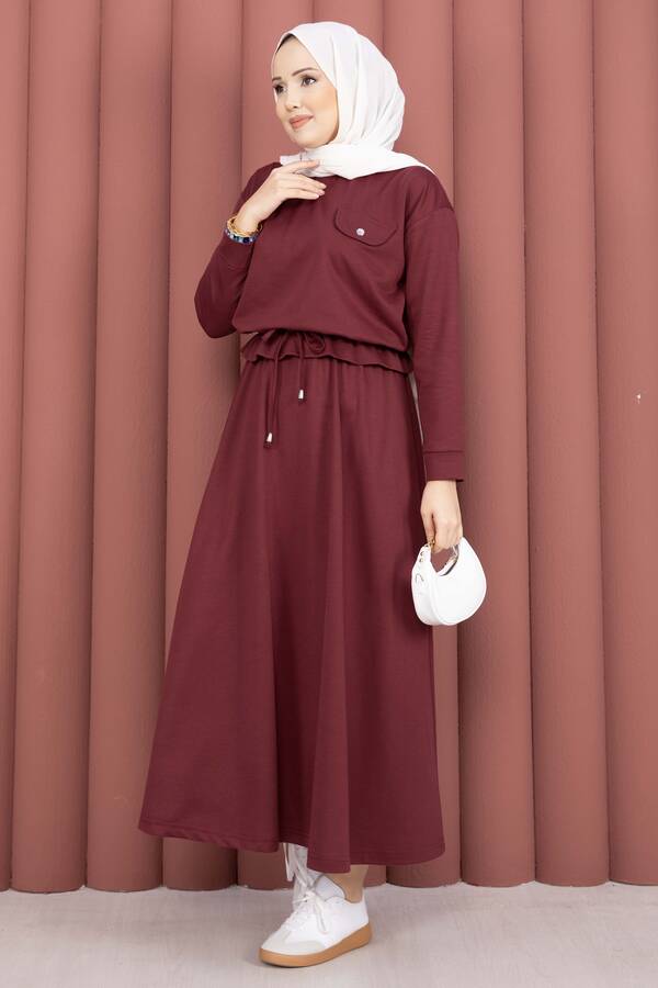 TK - Cep Detaylı Crop & Etek İkili Takım Bordo