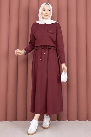 Cep Detaylı Crop & Etek İkili Takım Bordo - Thumbnail