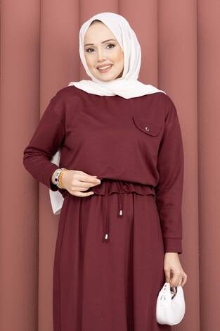 Cep Detaylı Crop & Etek İkili Takım Bordo - Thumbnail