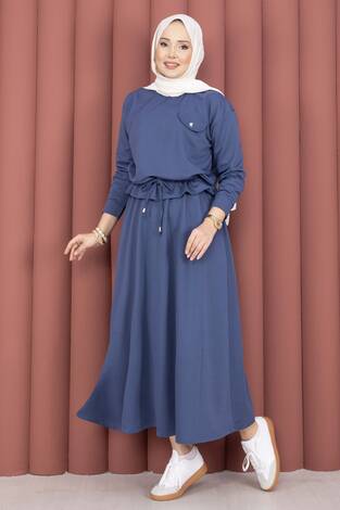 Cep Detaylı Crop & Etek İkili Takım İndigo - Thumbnail