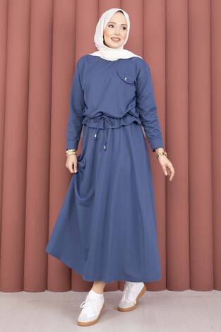 Cep Detaylı Crop & Etek İkili Takım İndigo - Thumbnail