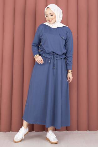 Cep Detaylı Crop & Etek İkili Takım İndigo - Thumbnail