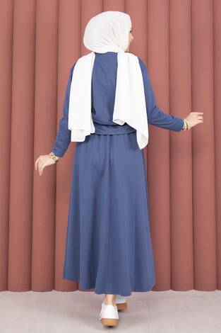 Cep Detaylı Crop & Etek İkili Takım İndigo - Thumbnail