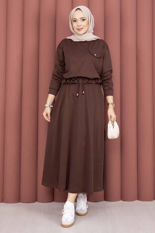 Cep Detaylı Crop & Etek İkili Takım Kahve - Thumbnail