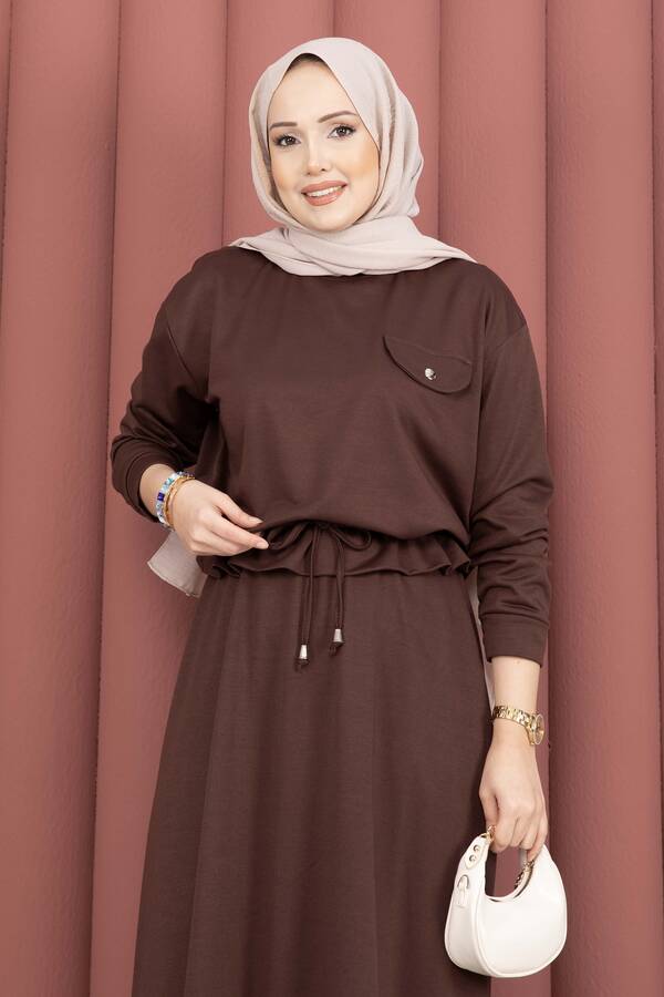 TK - Cep Detaylı Crop & Etek İkili Takım Kahve (1)