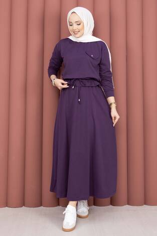 Cep Detaylı Crop & Etek İkili Takım Mürdüm