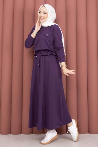 Cep Detaylı Crop & Etek İkili Takım Mürdüm - Thumbnail