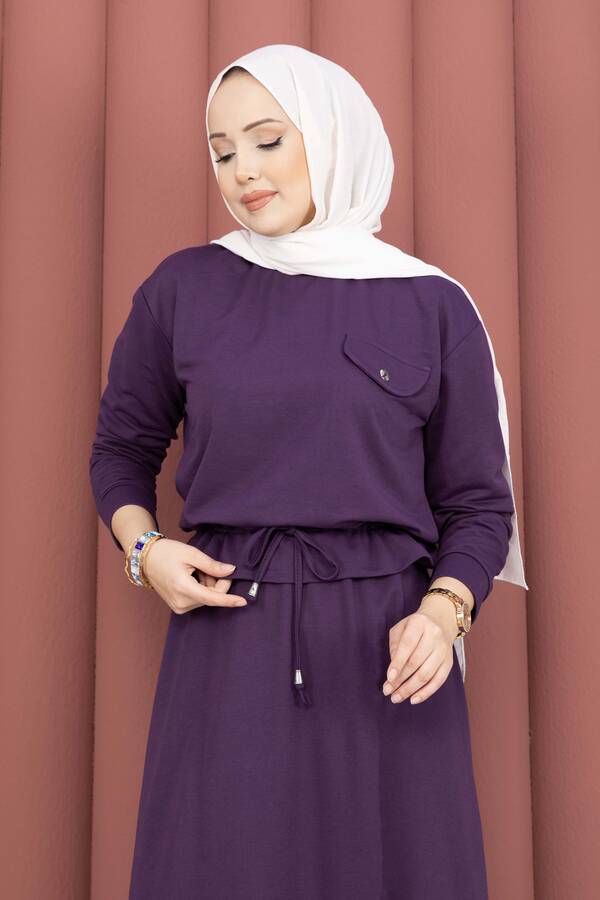 TK - Cep Detaylı Crop & Etek İkili Takım Mürdüm (1)