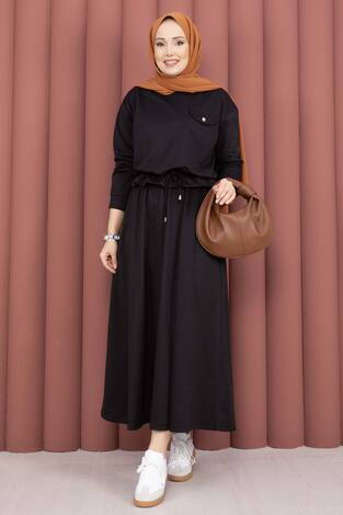 Cep Detaylı Crop & Etek İkili Takım Siyah - Thumbnail