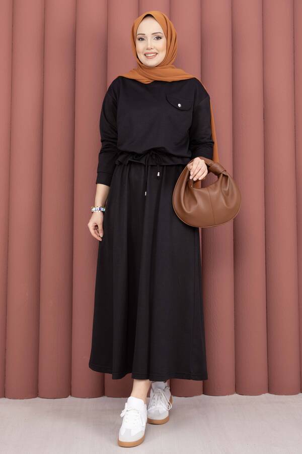 TK - Cep Detaylı Crop & Etek İkili Takım Siyah