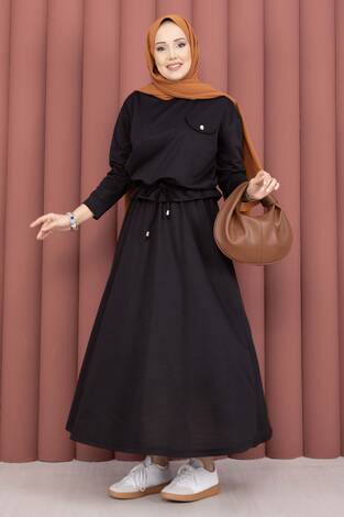 Cep Detaylı Crop & Etek İkili Takım Siyah - Thumbnail