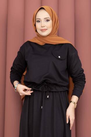 Cep Detaylı Crop & Etek İkili Takım Siyah - Thumbnail