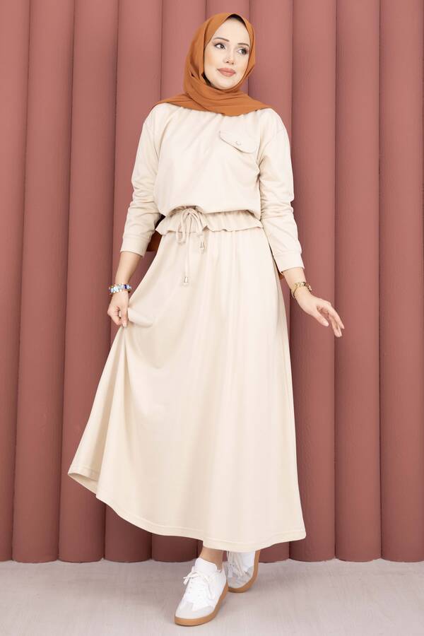 TK - Cep Detaylı Crop & Etek İkili Takım Taş