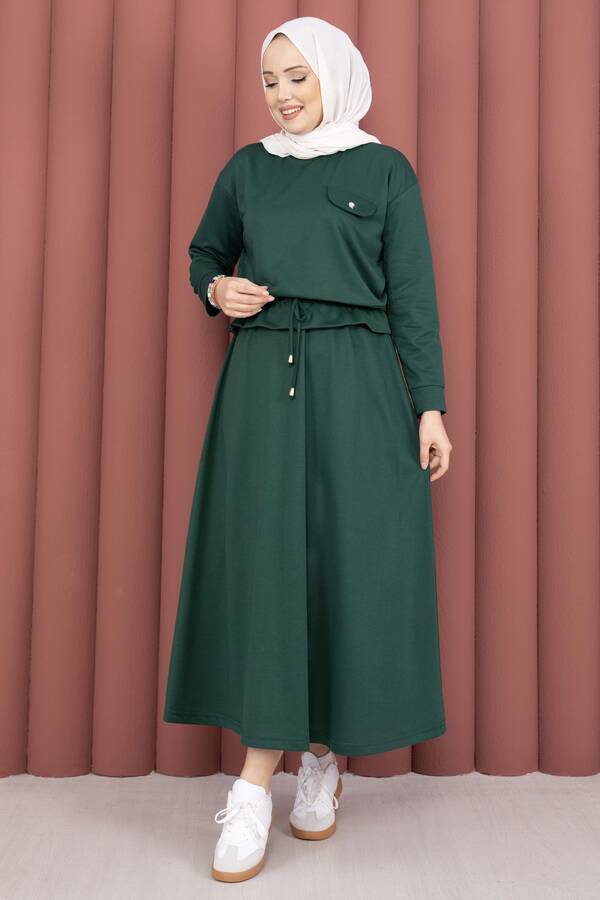 TK - Cep Detaylı Crop & Etek İkili Takım Zümrüt