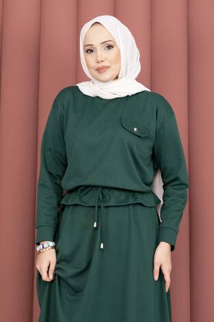 Cep Detaylı Crop & Etek İkili Takım Zümrüt - Thumbnail