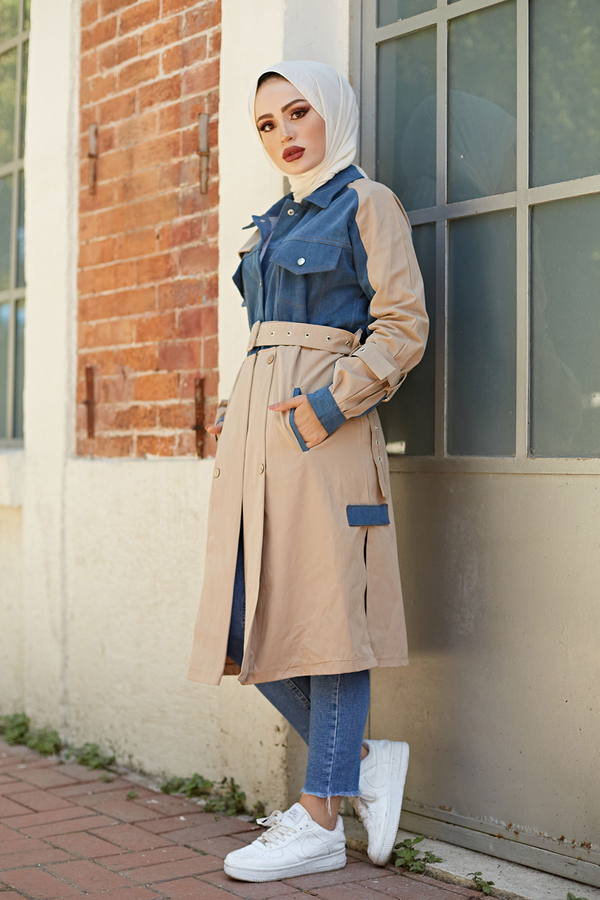  - Cep Detaylı Denim Trençkot 8835-1 Vizon (1)