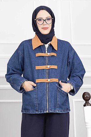 Cep Detaylı Fermuarlı Kot Ceket Camel - 2
