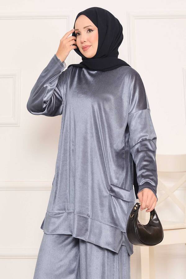 Özk - Cep Detaylı Kadife İkili Takım Gri (1)