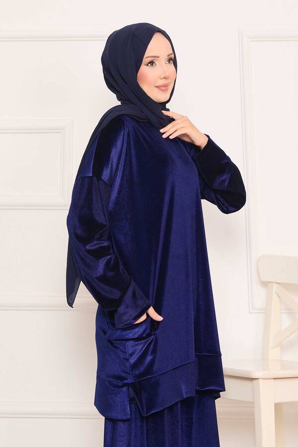 Özk - Cep Detaylı Kadife İkili Takım Lacivert (1)