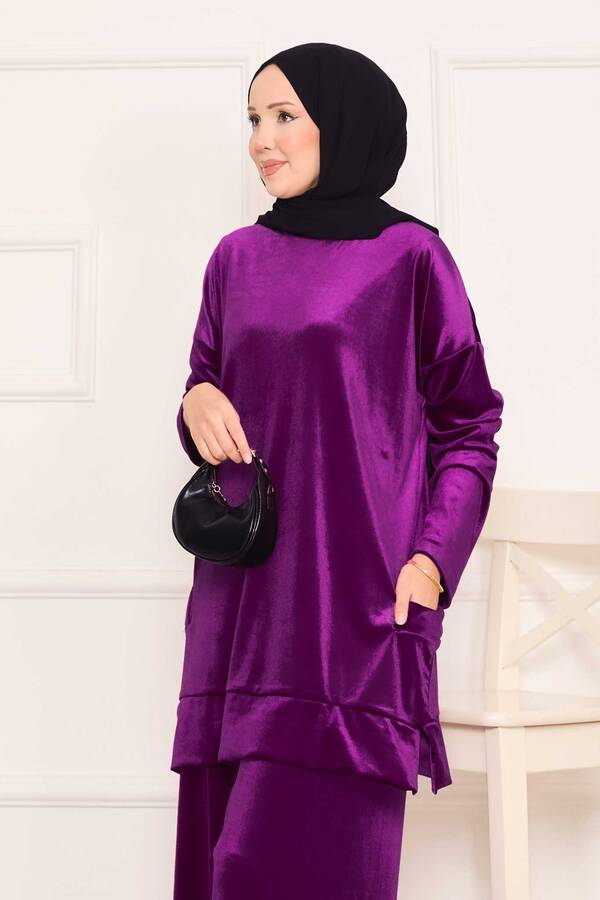 Özk - Cep Detaylı Kadife İkili Takım Mürdüm (1)