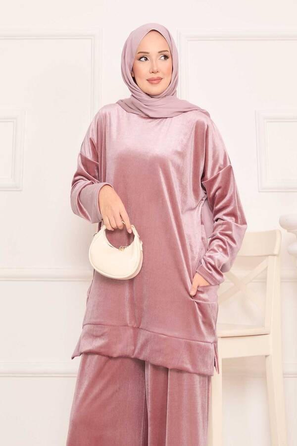 Özk - Cep Detaylı Kadife İkili Takım Pudra (1)