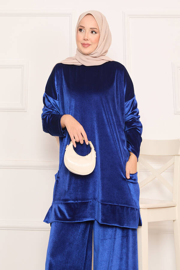 Özk - Cep Detaylı Kadife İkili Takım Saks (1)