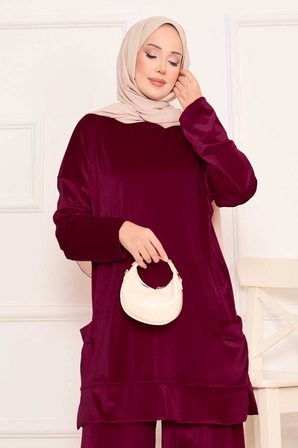 Özk - Cep Detaylı Kadife İkili Takım Şarabi (1)