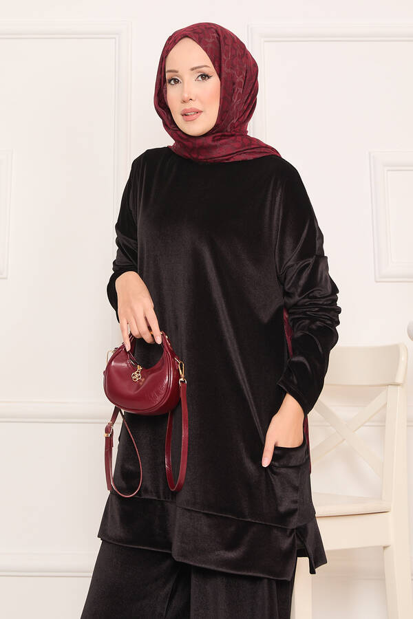 Özk - Cep Detaylı Kadife İkili Takım Siyah (1)