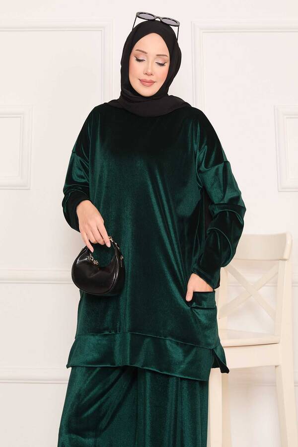 Özk - Cep Detaylı Kadife İkili Takım Zümrüt (1)