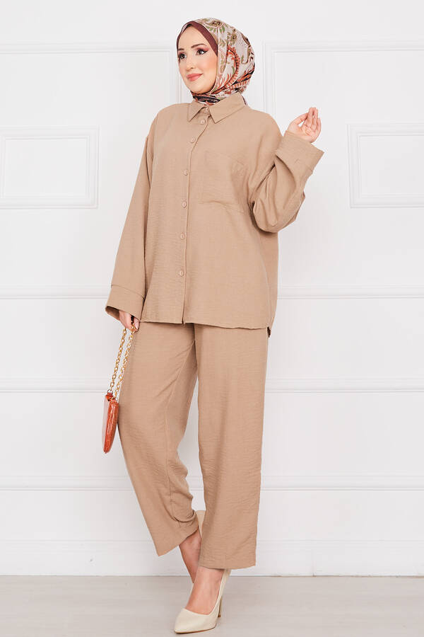 Cep Detaylı Keten Tesettür Takım Camel - 3