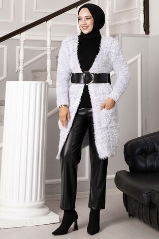 Cep Detaylı Sakallı Hırka Lila - Thumbnail