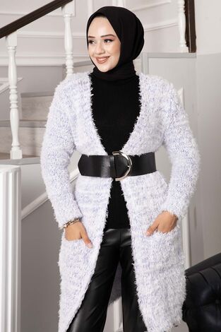 Cep Detaylı Sakallı Hırka Lila - Thumbnail