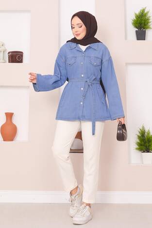 Cep Detaylı Seyyar Kuşaklı Kot Ceket Açık Mavi - Thumbnail