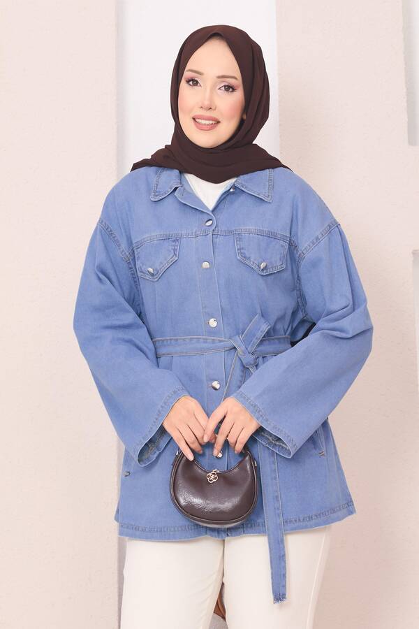 MD - Cep Detaylı Seyyar Kuşaklı Kot Ceket Açık Mavi (1)