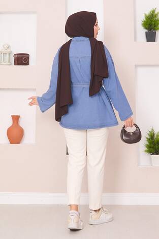 Cep Detaylı Seyyar Kuşaklı Kot Ceket Açık Mavi - Thumbnail