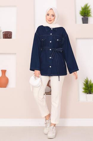 Cep Detaylı Seyyar Kuşaklı Kot Ceket Lacivert