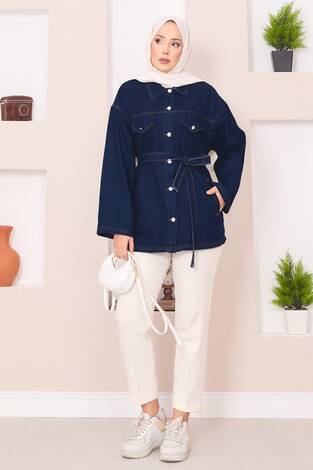 Cep Detaylı Seyyar Kuşaklı Kot Ceket Lacivert - Thumbnail