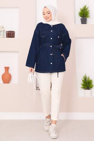 Cep Detaylı Seyyar Kuşaklı Kot Ceket Lacivert - Thumbnail