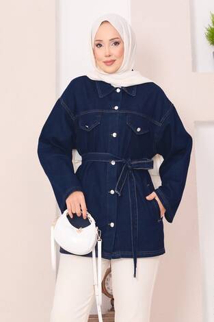 Cep Detaylı Seyyar Kuşaklı Kot Ceket Lacivert - Thumbnail