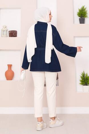 Cep Detaylı Seyyar Kuşaklı Kot Ceket Lacivert - Thumbnail
