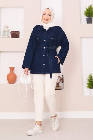 Cep Detaylı Seyyar Kuşaklı Kot Ceket Lacivert - Thumbnail