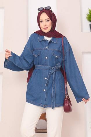 Cep Detaylı Seyyar Kuşaklı Kot Ceket Mavi - Thumbnail