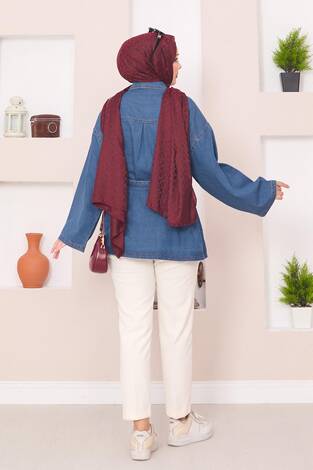 Cep Detaylı Seyyar Kuşaklı Kot Ceket Mavi - Thumbnail