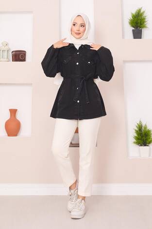 Cep Detaylı Seyyar Kuşaklı Kot Ceket Siyah - Thumbnail