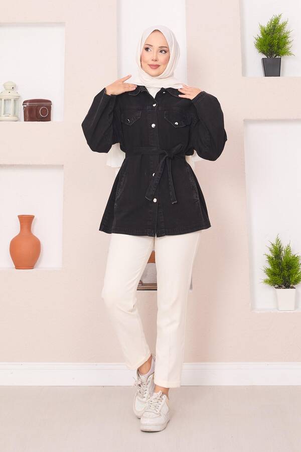 MD - Cep Detaylı Seyyar Kuşaklı Kot Ceket Siyah