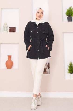 Cep Detaylı Seyyar Kuşaklı Kot Ceket Siyah - Thumbnail