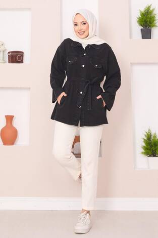 Cep Detaylı Seyyar Kuşaklı Kot Ceket Siyah - Thumbnail