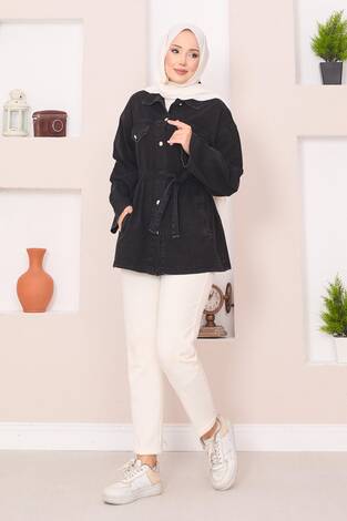 Cep Detaylı Seyyar Kuşaklı Kot Ceket Siyah - Thumbnail
