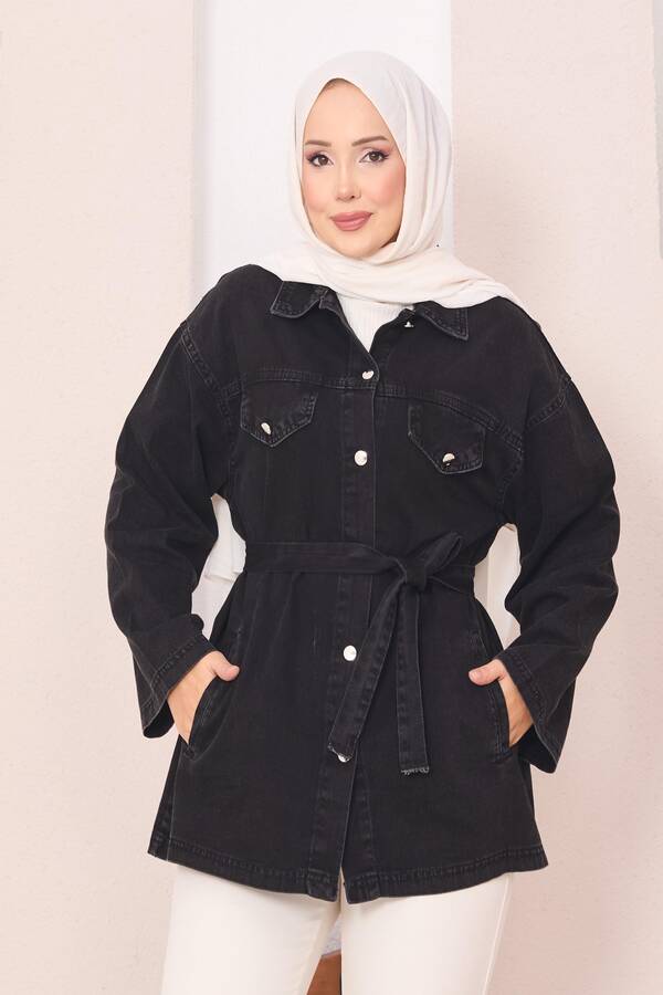MD - Cep Detaylı Seyyar Kuşaklı Kot Ceket Siyah (1)