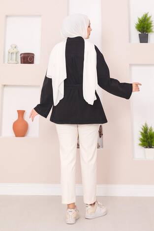 Cep Detaylı Seyyar Kuşaklı Kot Ceket Siyah - Thumbnail